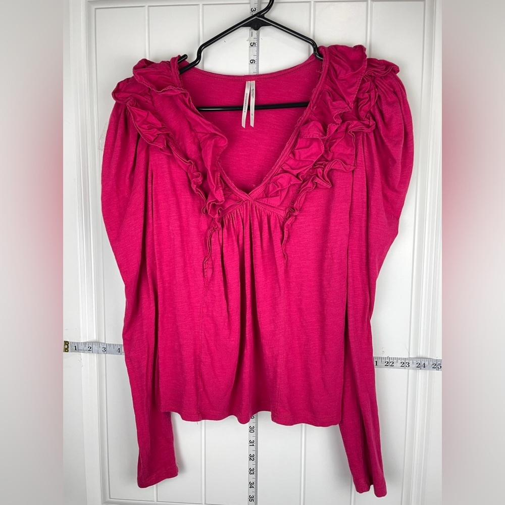 Anthropologie Pink Puff Sleeve Blouse with Ruffled Bib Collar